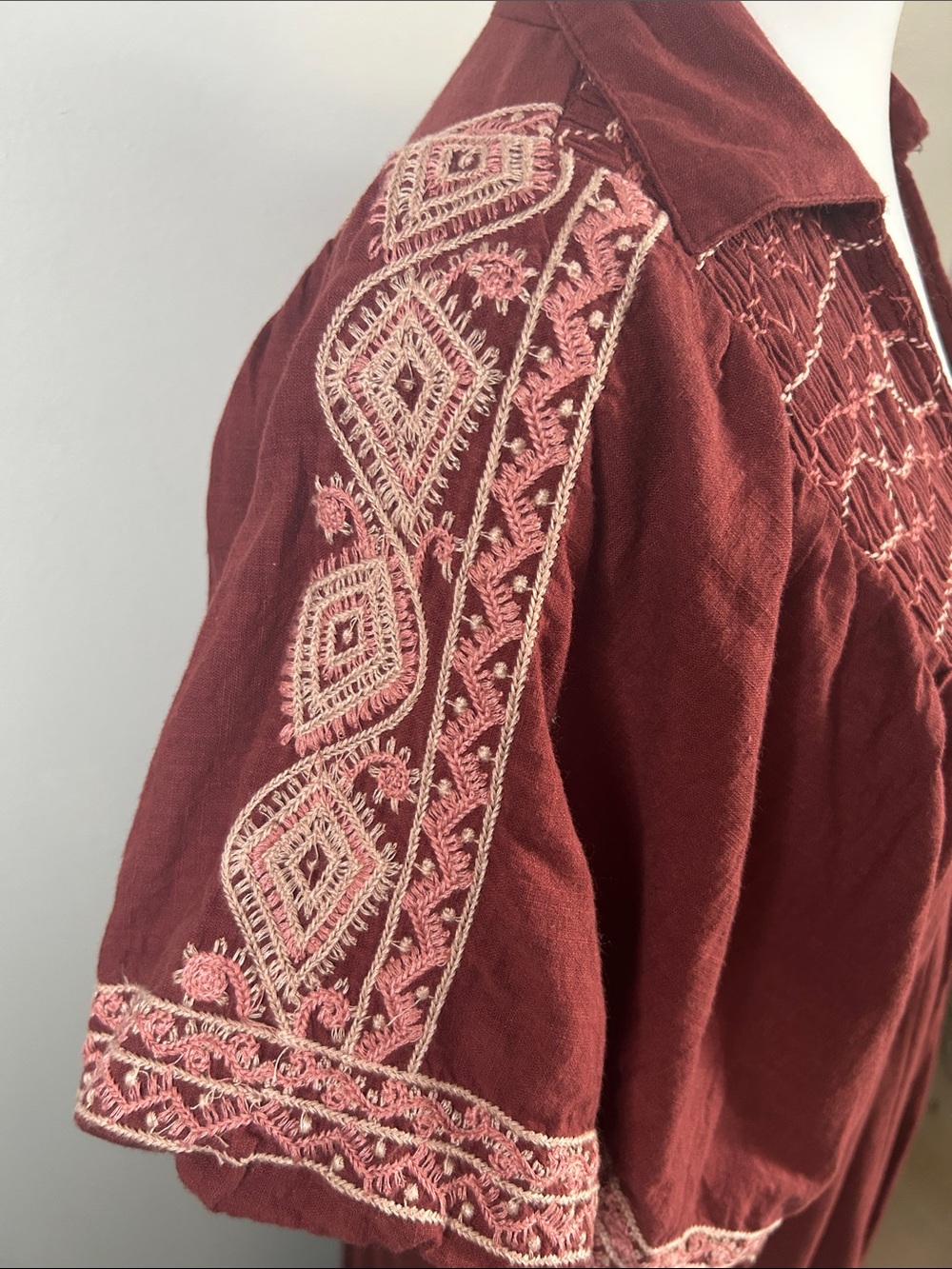 Free People Samantha Shirtdress"Double Dare" Red Intricate Shoulder Embroidery - Picture 5 of 13